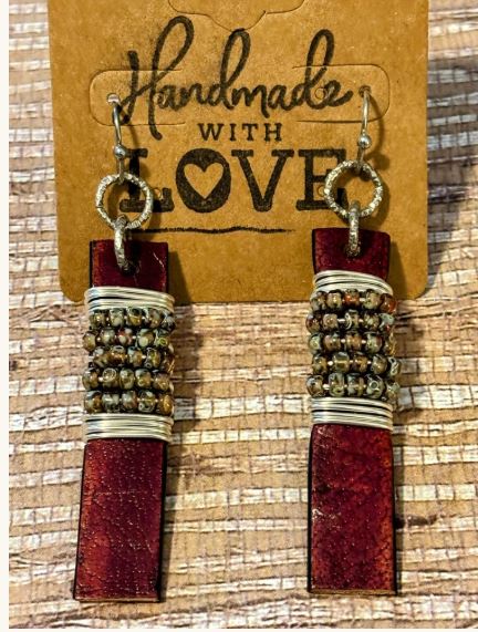 Boho Speckled Bead & Wine Leather Bars; Faux Leather