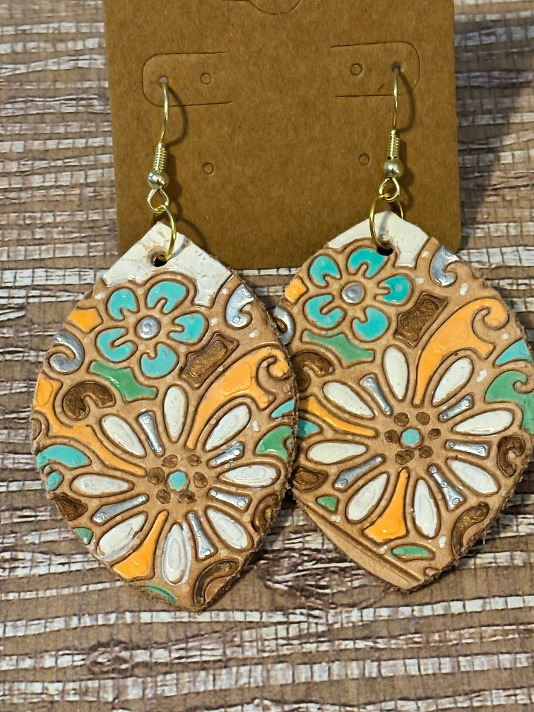 Boho Printed Flowers; Faux Leather Earrings