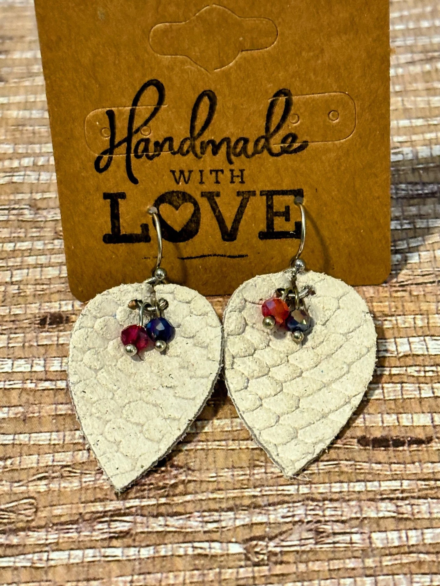 Featherlike Cream Dangles; Faux Leather