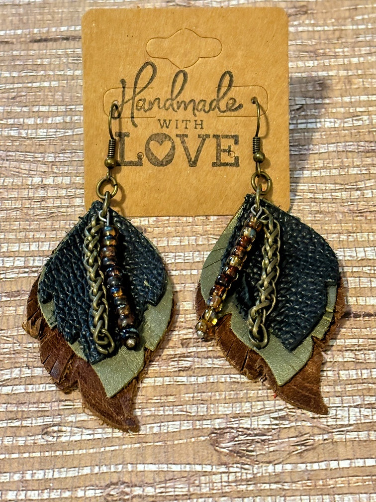 Copper Chain Leaves Faux Leather Earrings