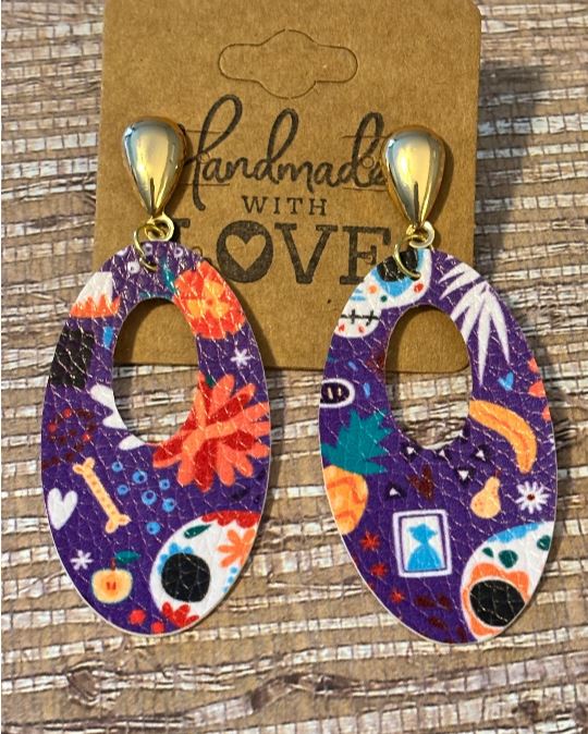 Dia de los Muerros (day of the dead) open rounds, Faux Leather Earrings