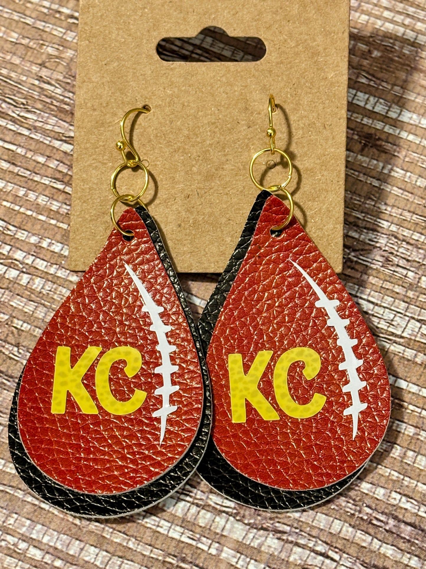 KC Chiefs Football Teardrops; Faux Leather Earrings