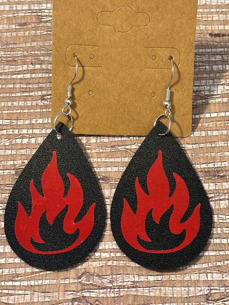 Hot To Go Flames; Faux Leather Earrings