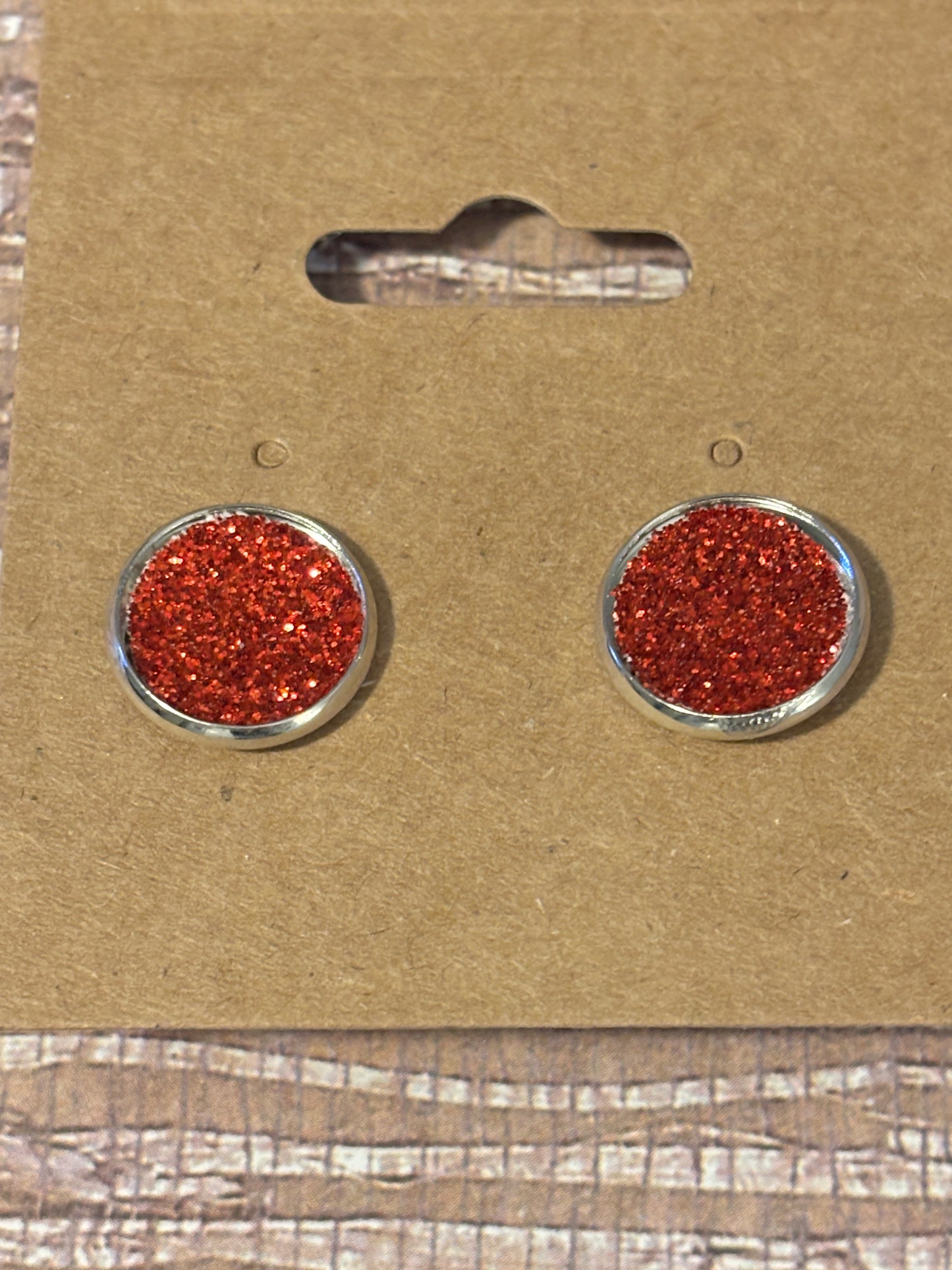 Red Shimmer Glitter Studs; Faux Leather Earrings