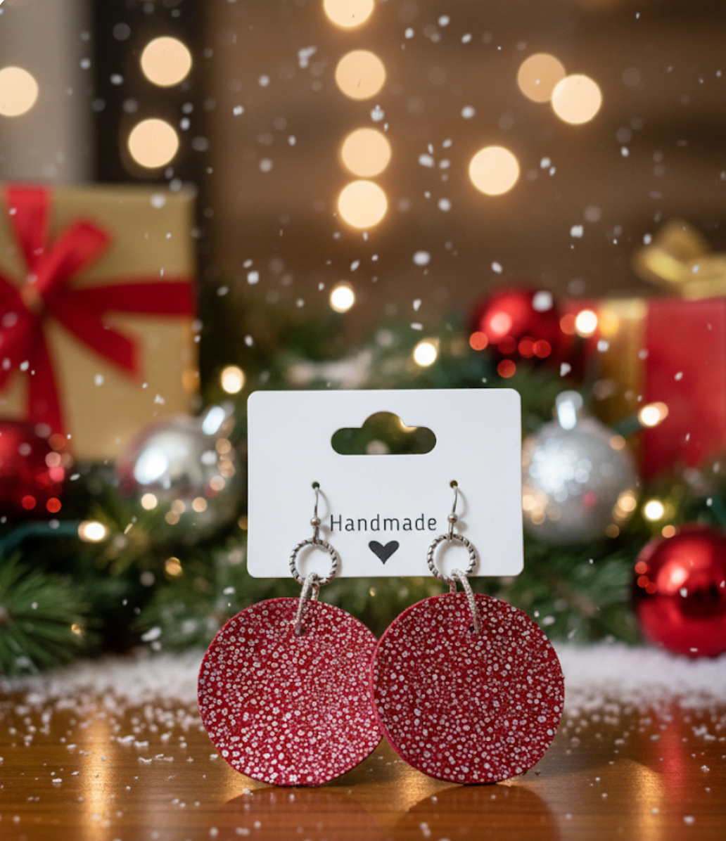 Jingle Bell Red Glitter Faux Leather Earrings