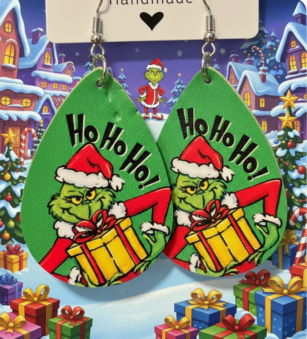Ho Ho Ho Grinch Presents Faux Leather Earrings