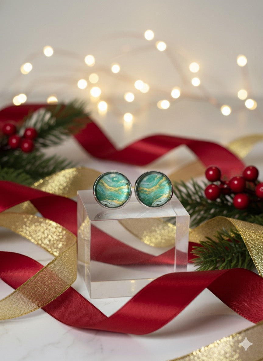 Emerald Ice Marbled Handcrafted Studs (12 mm) – Unique Elegance