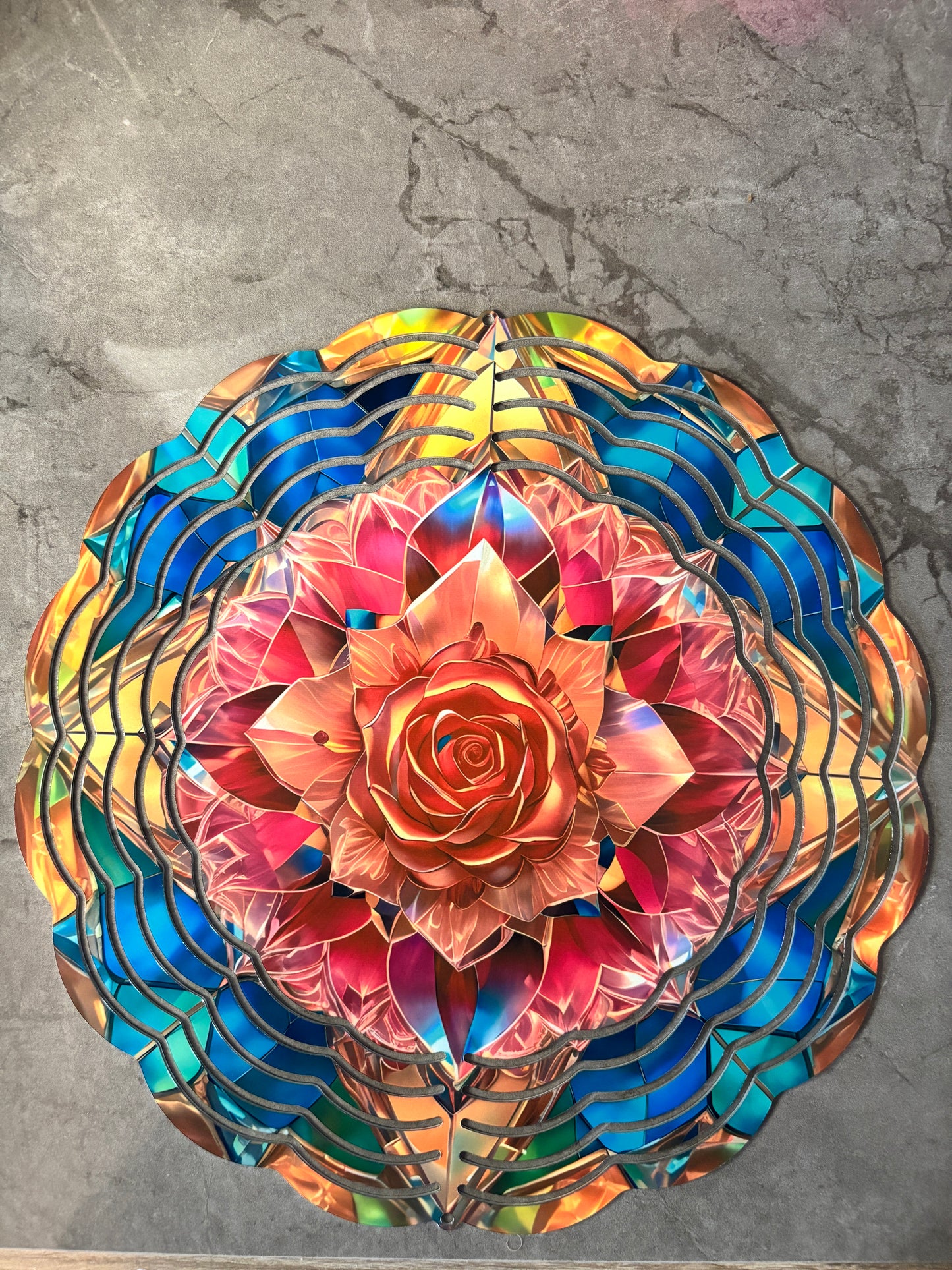 Stained Glass Rose with Blue & Gold 8" Wind Spinner