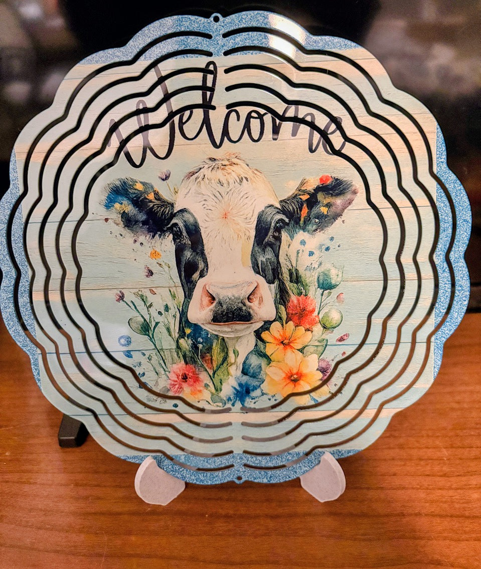 Floral Cow “Welcome” Farmhouse Wind Spinner – 8"