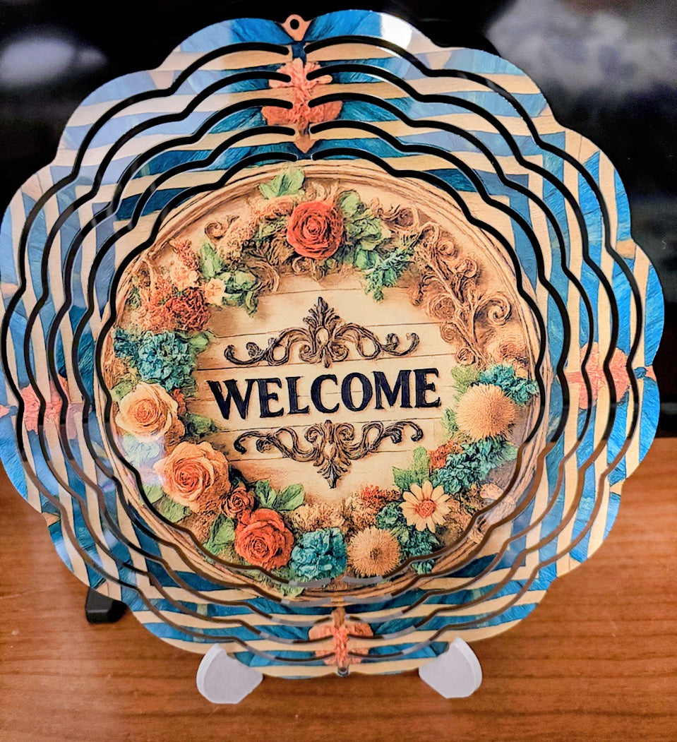 Floral “Welcome” Garden Wind Spinner – 8"