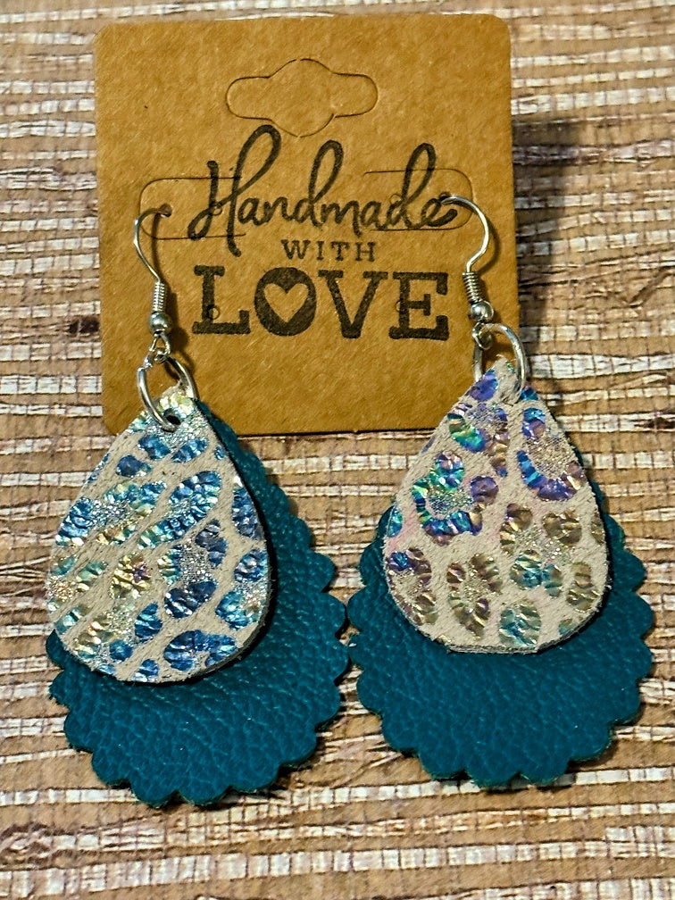 Iridescent Leopard Scalloped Drop Leather Earrings