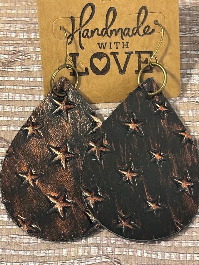 Rustic Metallic Stars Faux Leather Earrings