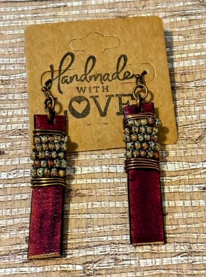 Rustic Wine Leather and Seed Bead Dangles