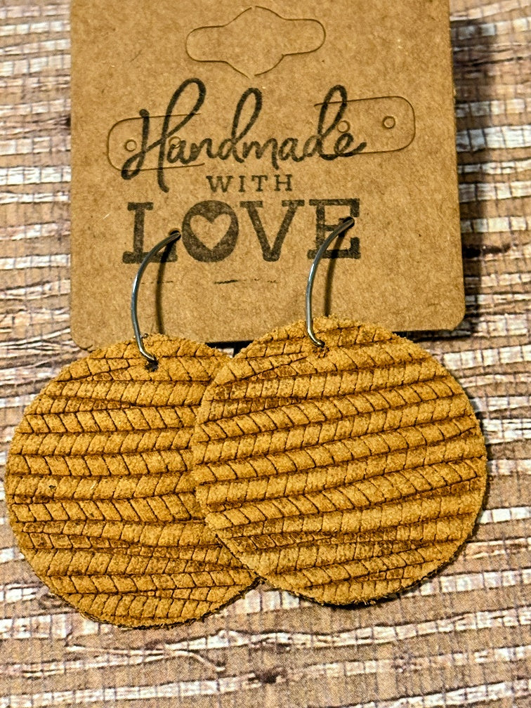 Woven Mustard Rounds; Faux Leather Earrings