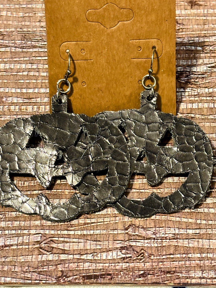 Spooky Statement Pumpkins Black; Faux Leather Earrings