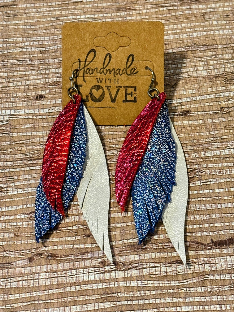 Americana Metallic Feathers; Faux Leather Earrings
