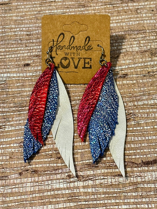 Americana Metallic Feathers; Faux Leather Earrings