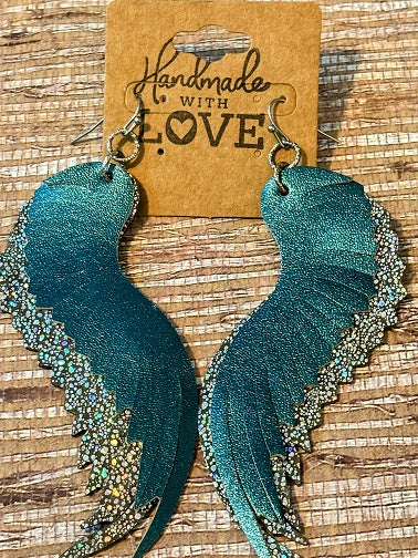 Aqua Wings; Faux Leather Earrings