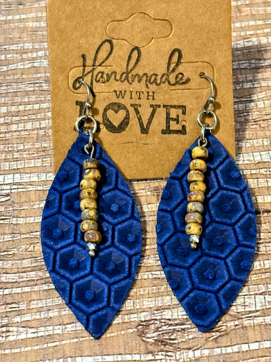 Beehive Blues; Faux Leather Earrings
