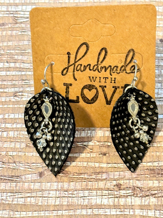 Black Pebble Drops; Faux Leather Earrings