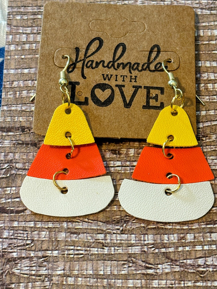 Candy Corn; Faux Leather Earrings