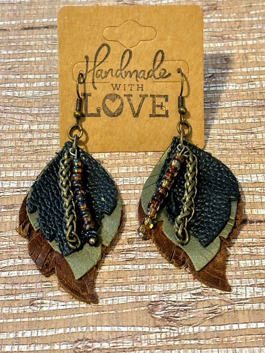 Copper Chain Leaves Faux Leather Earrings