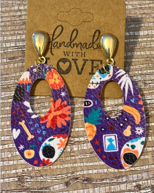 Dia de los Muerros (day of the dead) open rounds, Faux Leather Earrings