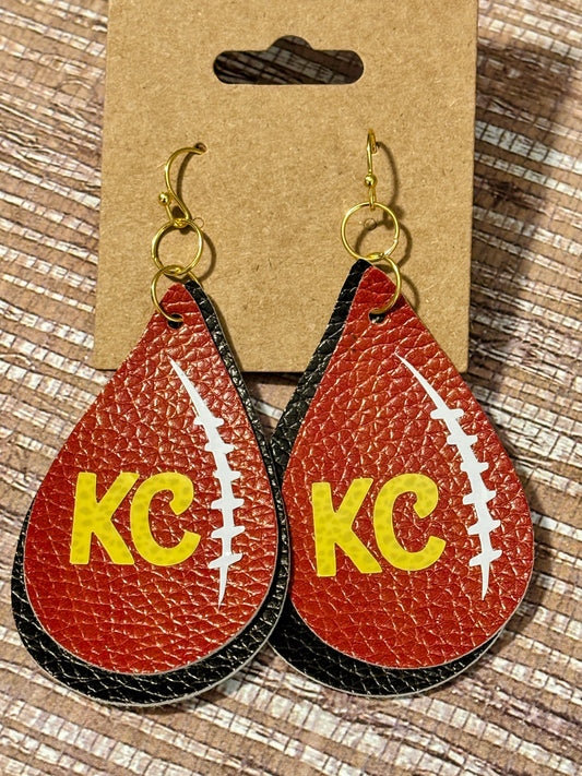 KC Chiefs Football Teardrops; Faux Leather Earrings