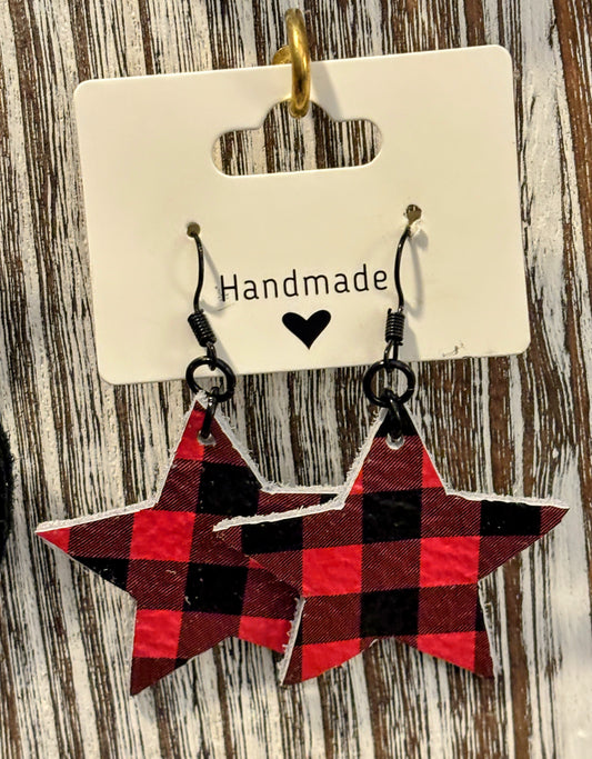 Cozy Plaid Stars Faux Leather Earrings