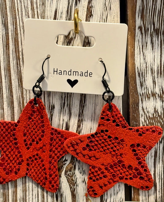 Red Hot Lace Stars Faux Leather Earrings