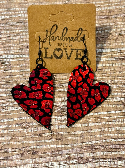 Glittering Red Heart Faux Leather Dangles