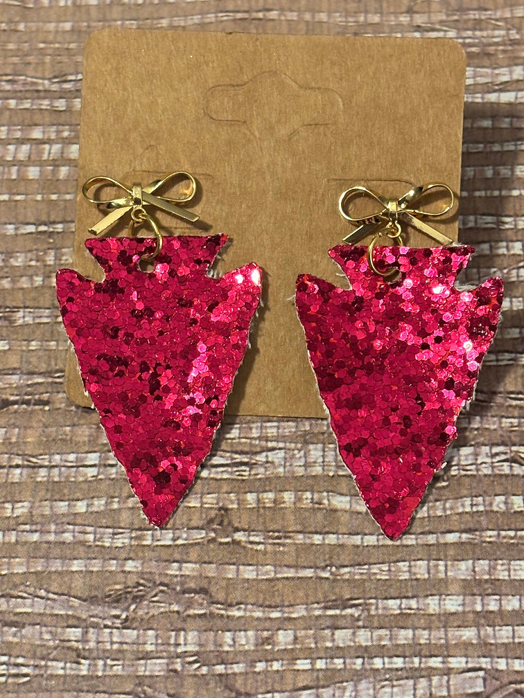 Glittery Arrowheads with Bows; faux Leather Earrings