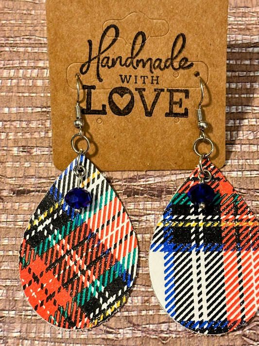 Holiday Plaid Teardrops; Faux Leather Earrings