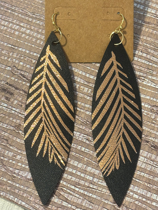 Midnight Metallic Palm Leaves, Faux Leather Earrings