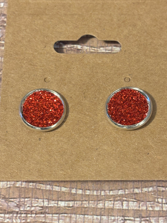 Red Shimmer Glitter Studs; Faux Leather Earrings