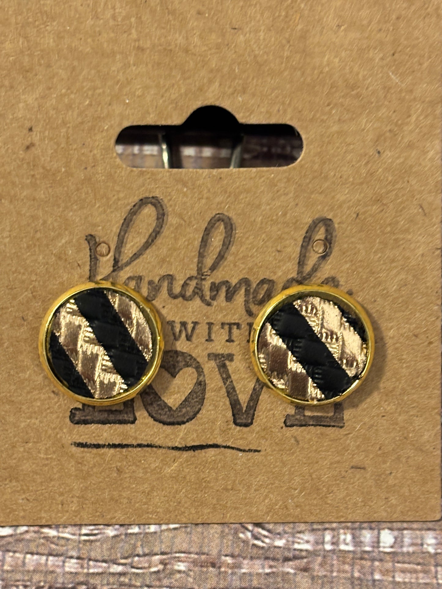 Black and Gold Studs; Faux Leather Earrings