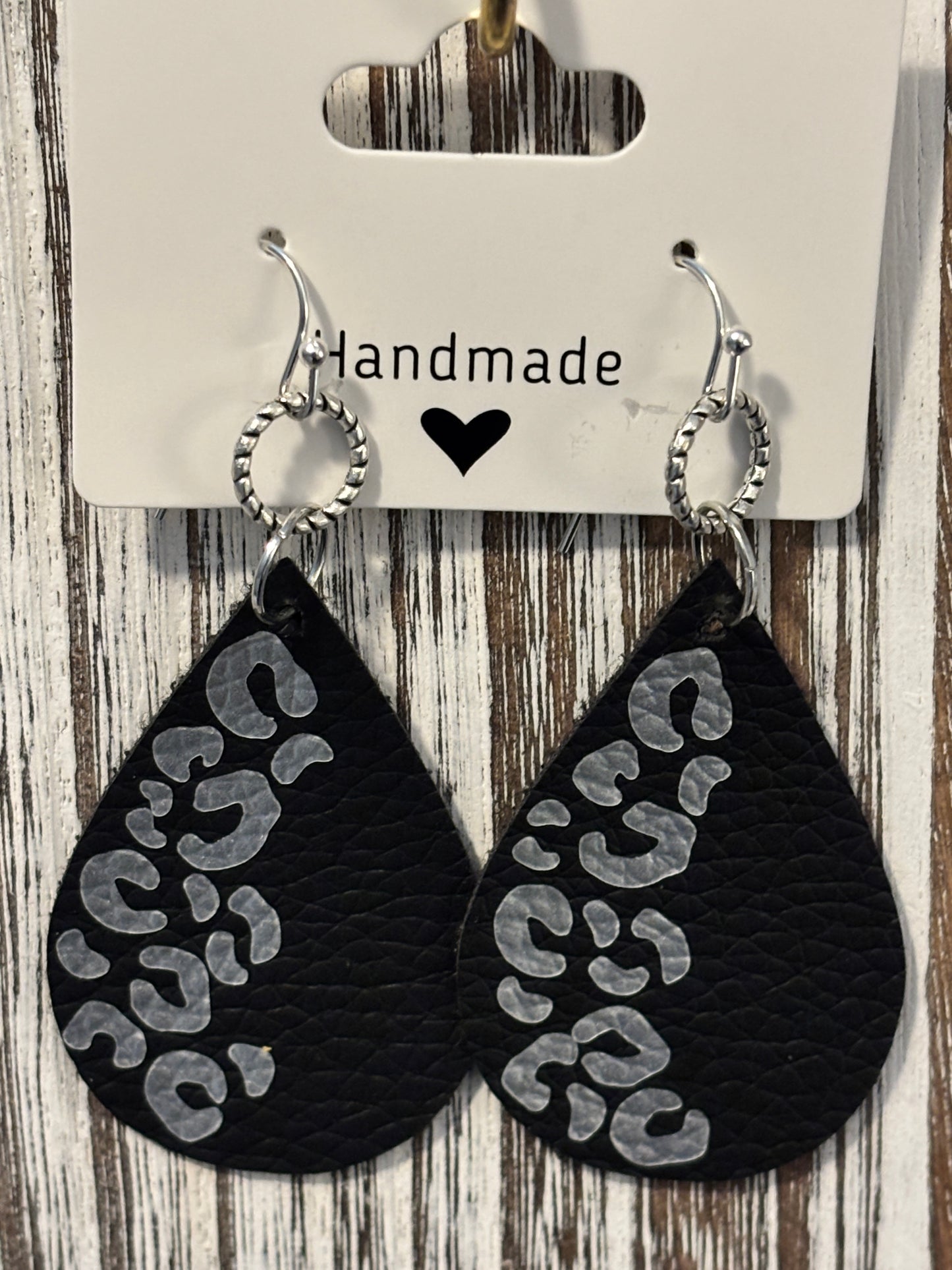 Black Silver Metallic Animal Print Faux Leather Earrings