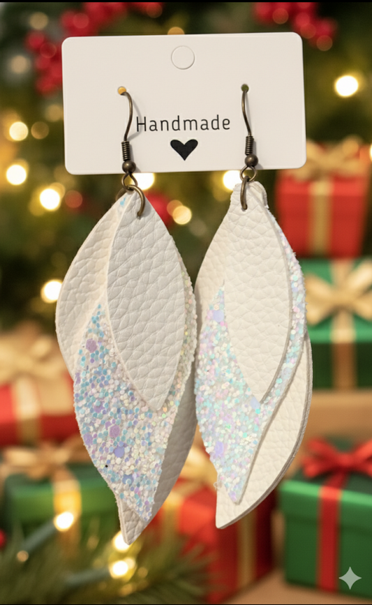 Elegant White Shimmer Leaves Faux Leather Earrings
