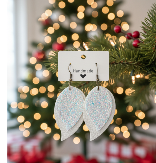 White Double Drops Faux Leather Earrings