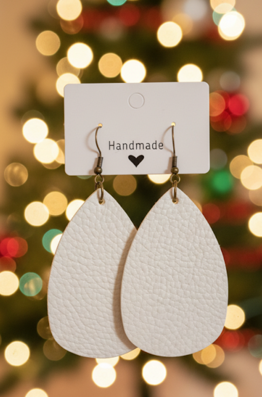 White Teardrops Faux Leather Earrings