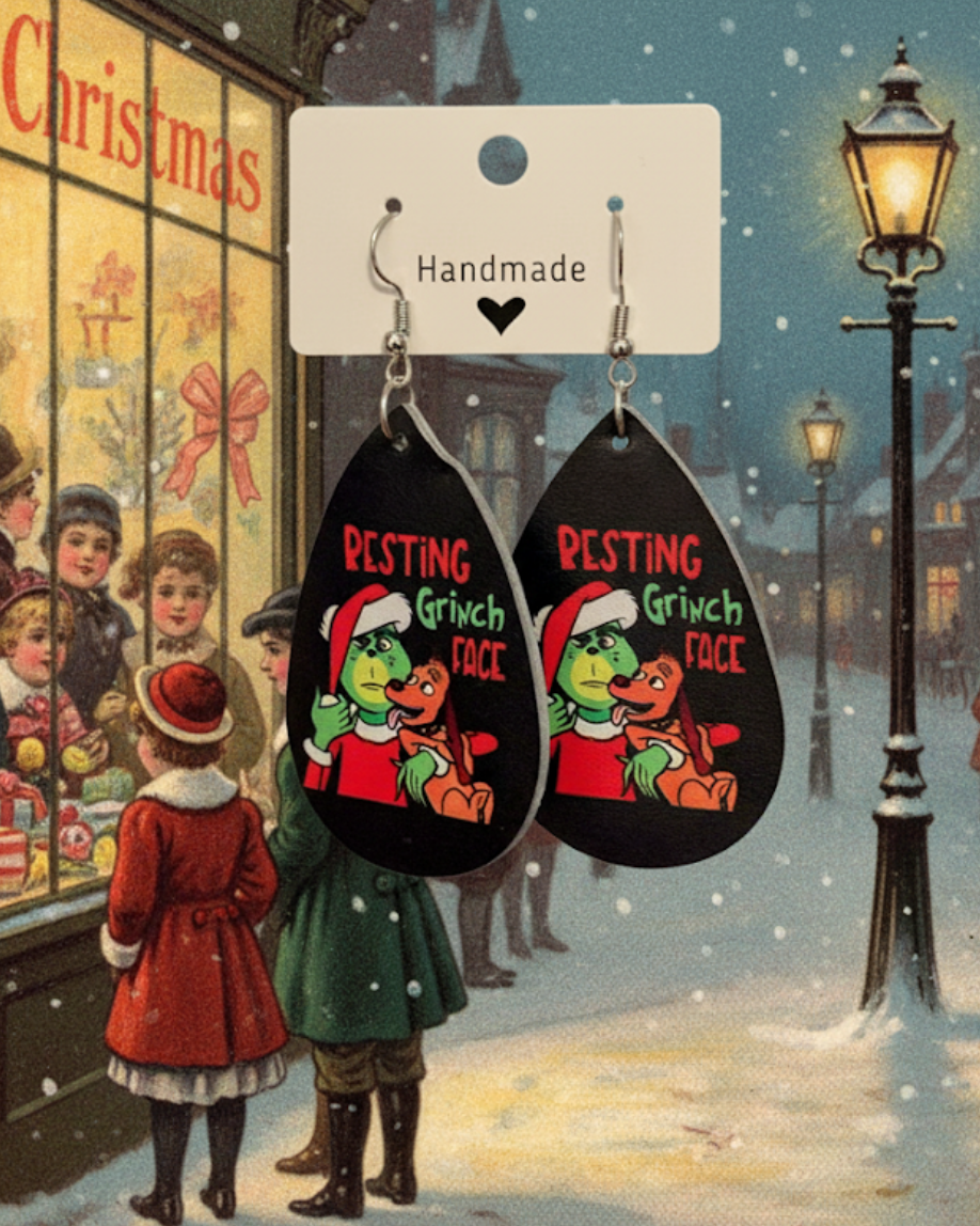 Resting Grinch Face Faux Leather Earrings