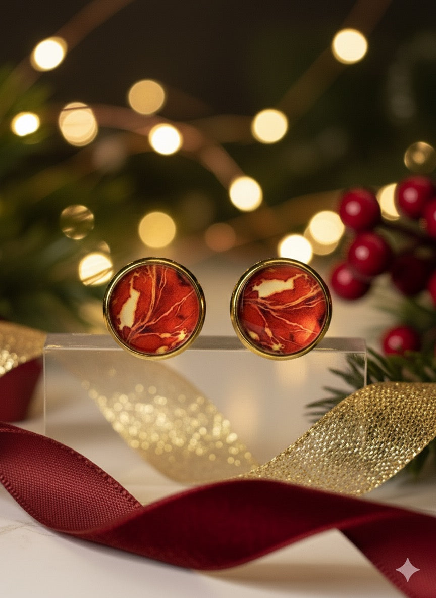 Crimson & Gold Holly Handcrafted Studs 12 mm – Artisan Elegance