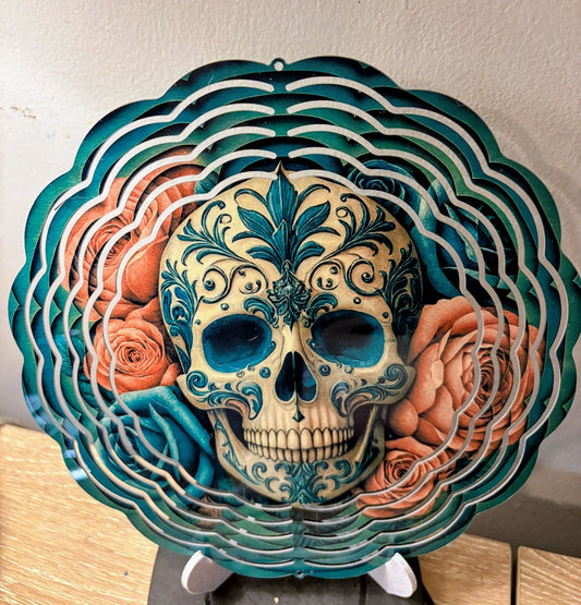 Vibrant Sugar Skull Bloom Wind Spinner