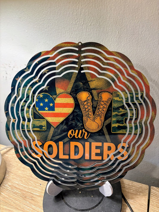 Patriotic LOVE Our Soldiers Wind Spinner