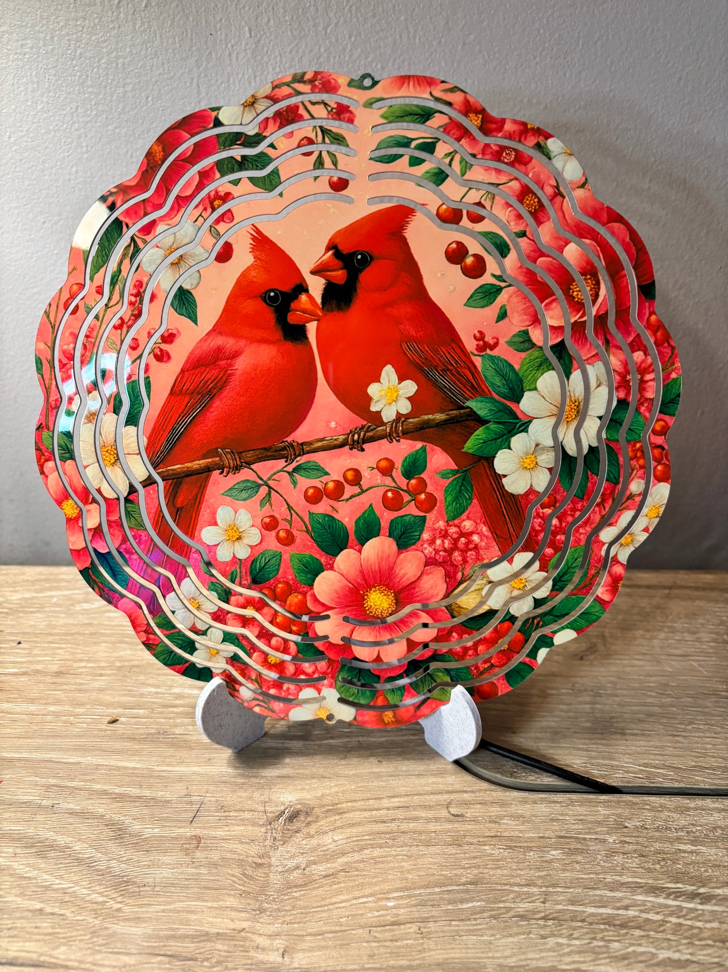 Cardinal Pair Floral Garden Wind Spinner – 8"