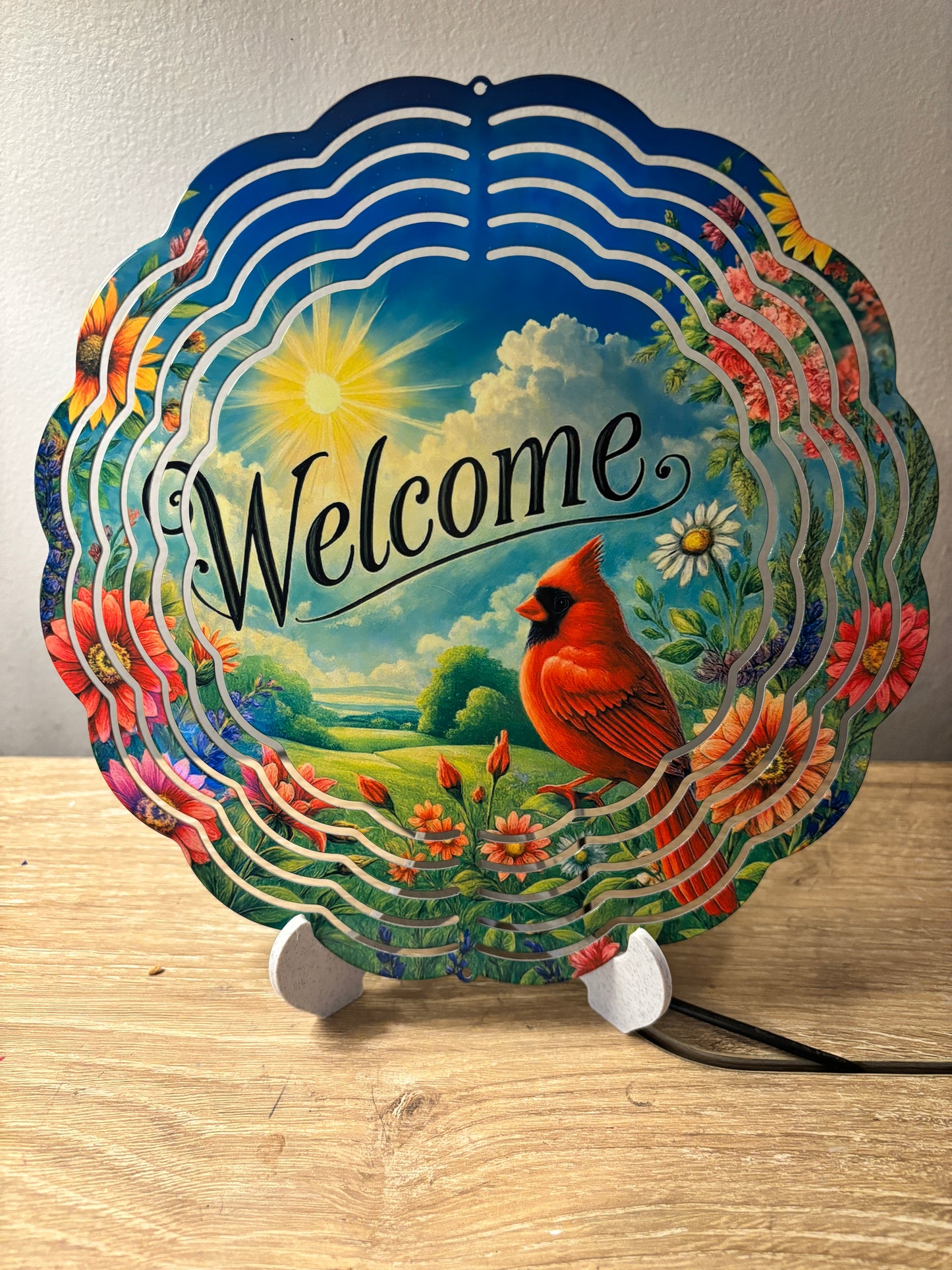 Cardinal “Welcome” Floral Garden Wind Spinner – 8"