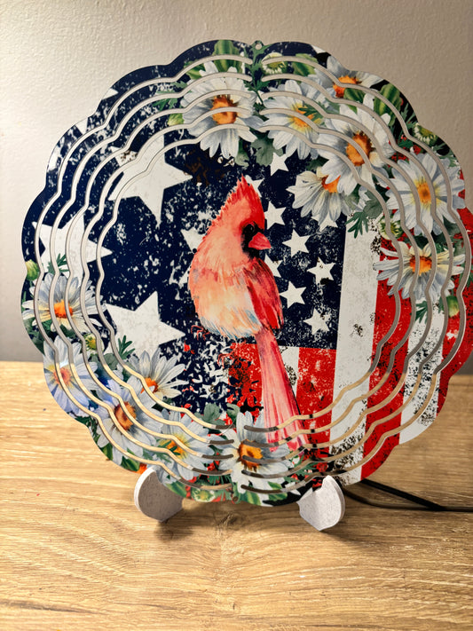 Patriotic Cardinal & Daisy Wind Spinner – 8"