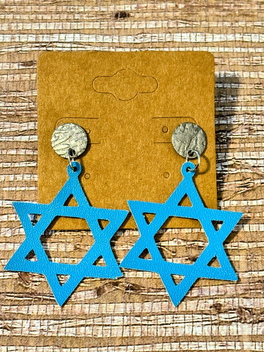 Magen David Dangles; Faux Leather Earrings
