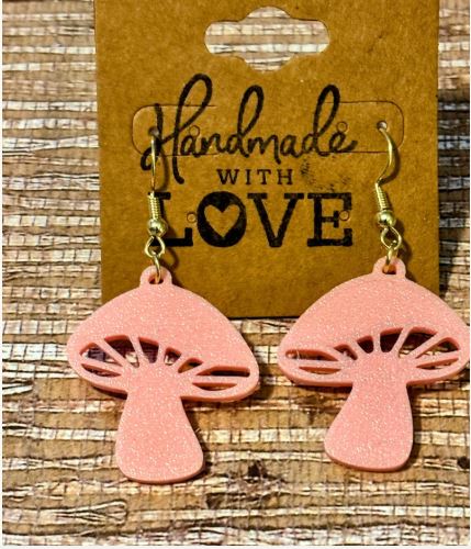 Pink Mushroom Dangles; 3D print Earrings