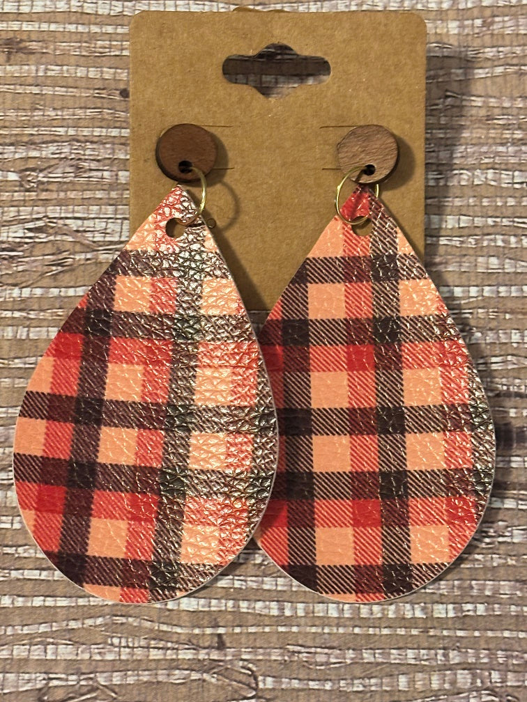 Plaid Teardrops; Faux Leather Earrings